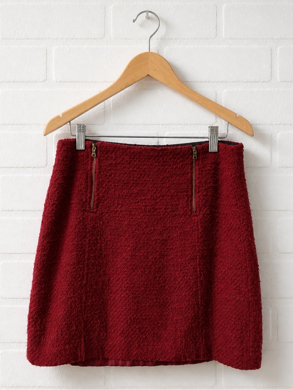 LOFT Burgundy Bouclé Mini Skirt with Front Zips